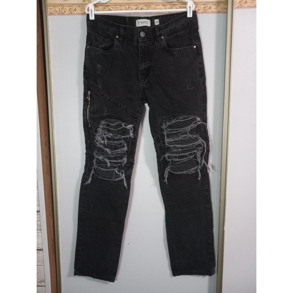 FWRD Black 34 Denim Moto Distressed Skinny Biker Outdoor Going Out Jeans